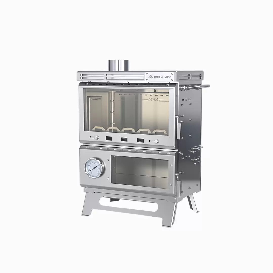 Fog&atilde;o de acampamento multifuncional em a&ccedil;o inoxid&aacute;vel, projetado para uso modular em ambientes externos.