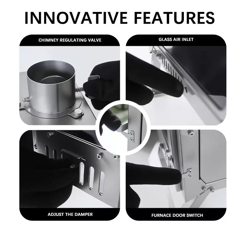 Fogão a lenha dobrável para barraca, ideal para acampamento de inverno.