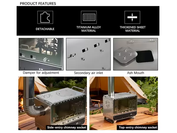 Características do produto de fogão a lenha portátil para acampamento Características do produto de fogão a lenha portátil para acampamento